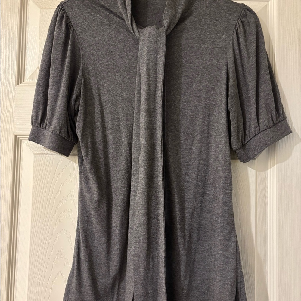Thomas Pink Gray Puff Sleeve Tie Front Blouse Medium
